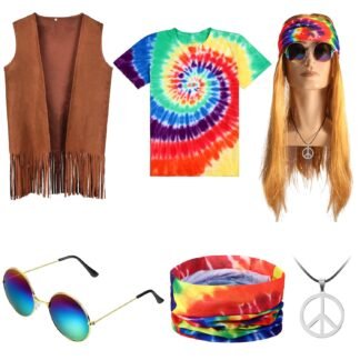 SATINIOR Men Hippie Costume Sets Tie Dye T Shirt Fringed Vest for Carnival Party Halloween Cosplay