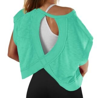 SENSERISE Womens Open Back Workout Tops Backless Short Sleeve Athletic Shirt Running Crop Top Gym Yoga Tee