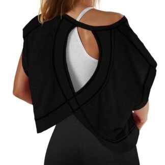 SENSERISE Womens Open Back Workout Tops Backless Short Sleeve Athletic Shirt Running Crop Top Gym Yoga Tee