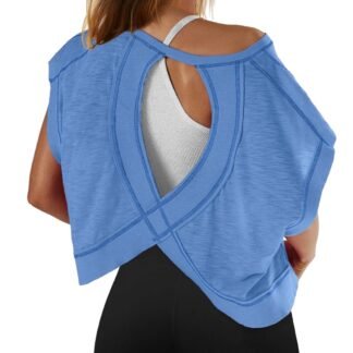 SENSERISE Womens Open Back Workout Tops Backless Short Sleeve Athletic Shirt Running Crop Top Gym Yoga Tee