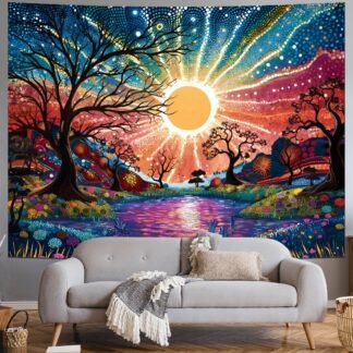 Serborlur Tree of Life Tapestry Trippy Sun Forest Tapestries Colorful Starry Sky Tapestries Hippie Nature Landscape Wall Tapestry Aesthetic Vintage Wall Hanging for Bedroom...