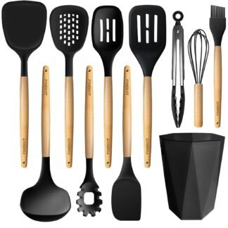 Silicone Cooking Utensils Set 11PCS -BPA-Free&Non-Toxic 446Â°F Heat Resistant,Wooden Handle Kitchen Tools for Nonstick Cookware,Heat Resistant&Scratch-Proof Includes...