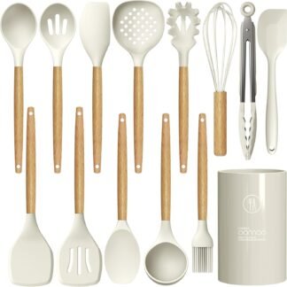 Silicone Cooking Utensils Set - 446°F Heat Resistant Silicone Kitchen Utensils for Cooking,Kitchen Utensil Spatula Set w Wooden Handles and Holder, BPA FREE Gadgets for...