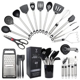 Silicone Kitchen Utensils Set 33 PCS silicone utensils set for cooking with Stainless Handles - Heat Resistant Food Grade Utensil Sets, BPA Free Kitchen Gadgets Tools Set for...