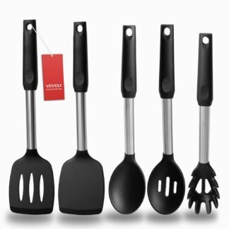Silicone Spatula and Cooking Spoon,5 Pack Non-Stick Cooking Utensils for Kitchen，Heat Resistant Solid & Slotted Spoons and Spatulas, Stainless Steel Handle Coated with...