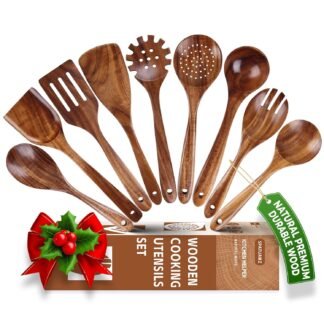 SPATUAMZ Wooden Spoons for Cooking, Teak Wood Nonstick Kitchen Utensils Set, Non-Toxic Wooden Spatula Set of 9 for Any Kitchen
