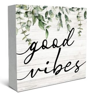 SRADMO Botanical Eucalyptus Leaves Wood Box Sign Desk Decor, Rustic Eucalyptus Leaves Wooden Block Box Sign Decoration For Home Office Shelf Table Decor