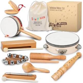 Stoie's Wooden Kids Musical Instruments for 3-9 Years Old, with Drum, Hand Bells, Flute, Maracas, Castanet, Tamburine, for Babies and Toddlers, Durable, Safe, Montessori...