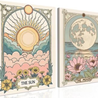 Sun and Moon Celestial Wall Art Set of 2, Vintage Tarot Astrology Wall Decor, Sun Flower and Full Moon Lotus Poster Canvas Painting Prints Picture for Bedroom Living Room 12x16...