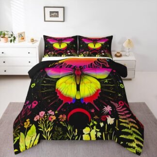 Sun and Moon Comforter Set Queen Rainbow Moth Bedding Sets Hippie Psychedelic Floral Botanical Comforter for Girls Teen Women,Trippy Galaxy Stars Planet Quilt Duvet Colorful 2...