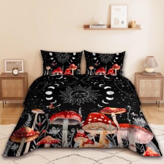 Sun Moon Boho Mushroom Comforter Sets for Kids Adults,3D Pattern Black Color,Decorative Bedding Comforter Sets with 2 Pillow Shams, Queen Size