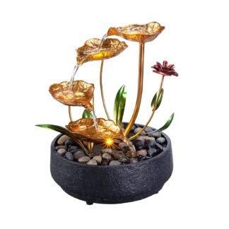 Tabletop Fountain Metal Lotus Circulating Fountain Water Feature for Zen Home Decor Warm Yellow Scene Light(23034)
