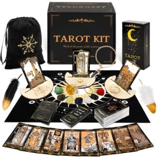 Tarot Cards with Guide Book, 78 Black Tarot Deck Set with Table Cloth, Chakra Stones, Velvet Bag and More, Classic Tarot Cards for Beginners Kit, Fortune Telling Game