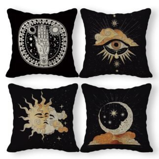 Tarot Linen Throw Pillow Case Set of 4, Witchy Room Decor Cushion Cover for Sofa Couch Bed College Dorm (18x18)