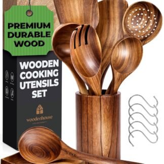 Teak Wooden Utensil Set with Spoon Rest & Hooks - Durable Wooden Spoons for Cooking with Comfort Grip - Effortless Clean, Non-Stick Friendly 8 Pcs
