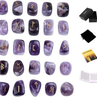 TGS Gems Amethyst Rune Stones Set Engraved Pagan Lettering with Instruction Booklet and Velvet Pouch
