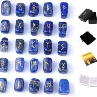 TGS Gems RN001 Lapis Lazuli Rune Stones Set Engraved Pagan Lettering with Instruction Booklet and Velvet Pouch