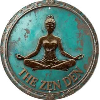 The Zen Den Metal Sign 8x8in Boho Meditation Plaque for Yoga Room Spa Bathroom Calming Decor
