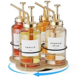 THYGIFTREE Rotating Coffee Syrup Organizer 4 Bottles Syrup Rack for Countertop Wood Bottle Holder Stand for Coffee Bar Station, Wood