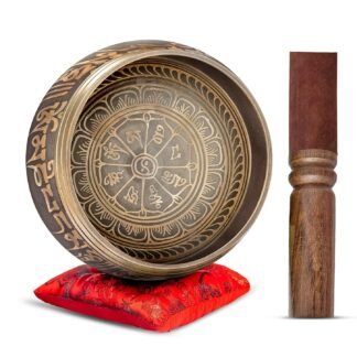 Tibetan Singing Bowl Set Authentic – Handmade in Nepal Sound & Meditation Bowl – Spiritual Decor for Yoga, Wellness Spaces & Relaxation by Himalayan Bazaar (Brown & Red)