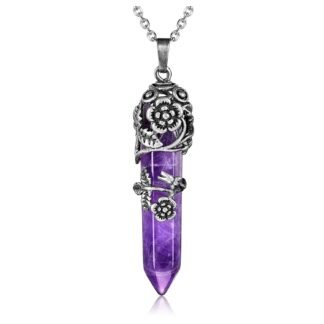 Top Plaza Antique Silver Flower Wrapped Natural Amethyst Healing Crystal Necklace