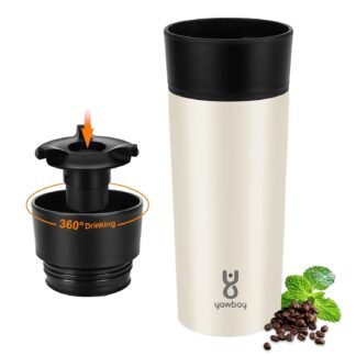 Travel Coffee Mug with 360°Lid, Travel Coffee Tumbler 12 oz Leak Proof, Stainless Steel Insulated Travel Mugs for Hot and Cold Spill Proof Leak Proof(Beige)