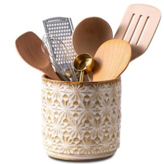 Utensil Holder Rustic Farmhouse Ceramic Utensil Crock for Countertop - 5.3" Handcrafted Kitchen Cooking Utensil Crocks with Cork Base, Natural Finish for Kitchen Tools Storage