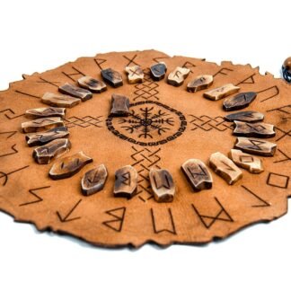 Viking Rune Set Includes a Premium Leather Divination Mat with Instruction Booklet & Handmade Authentic Ox Bone Elder Futhark runestone Pieces Gift for Men and Women…