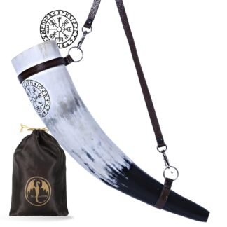 Viking War Blowing Horn| 12 Inch Genuine Ox Battle Trumpet with Leather Strap-Hand Engraved| Mouthpiece for Easy and Clear Sound| Gift Bag
