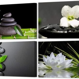 VVOVV Wall Decor Zen Wall Decor Zen Stone Elegant Lotus Flower Painting Green Bamboo Wall Pictures Bathroom Spa Room Decor Framed Gallery Wrap 12"x16"x4 Panels
