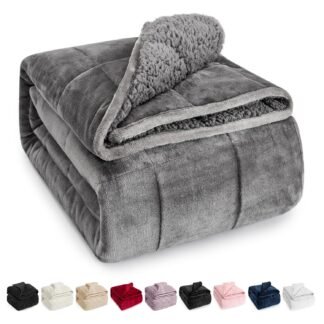 Wemore Sherpa Fleece Weighted Blanket for Adult, 15 lbs Dual Sided Cozy Fluffy Heavy Blanket, Ultra Fuzzy Throw Blanket with Soft Plush Flannel Top, 60 x 80 inches Grey on Both...
