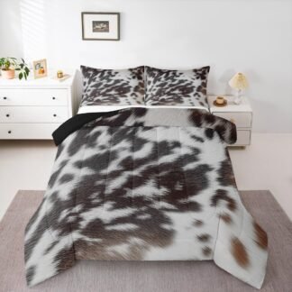 Western Brown Cowhide Comforter Set,Aztec Black White Cow Print Bedding Set Queen Rustic Farm Animal Down Comforter for Kids Boys Girls Men Women,Cowboy Cowhide Quilt Duvet Set...