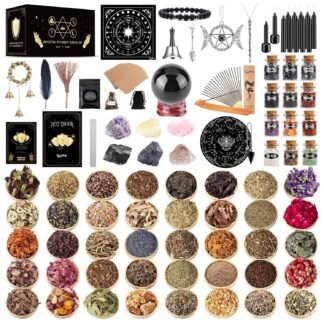 Wiccan Supplies and Tools for Protection, 130Pack Witchcraft Supplies Witchy Gift for Beginners, Dried Herbs, Crystals, Candles, Witch Starter Spell Kit