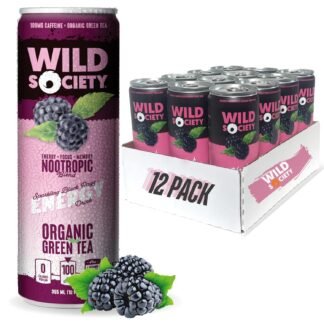 Wild Society Natural Energy Drink + Nootropics (12 pack) - 100 mg Organic Caffeine from Green Tea - Zero Sugar & Zero Calories - Monk Fruit Sweetened - Clean Ingredients - Fuel...
