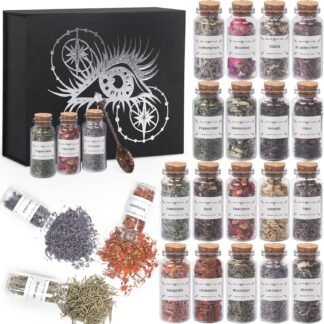 Witchcraft Supplies Herbs and Flowers Kit - Bigger Size 18pack 1.06oz Natural Dried Herbs Set with Crystals Spoon - Witchy Beginners Experienced Dried Herbs Box for Spells...