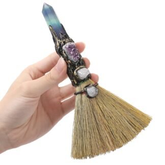 Witchcraft Supplies Witches Broom - Wiccan Decor with Amethyst Clusters Altar Supplies with Fluorite Natural Healing Crystals Hexagonal Points Pagan Decor Reiki Energy Clearing...