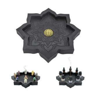 Wooden Lotus Tray, Incense Burner for Stick/Cone, Rocks Gems Healing Stones Display Holder, Organizer for Essential Oil & Jewelry, Wood Lotus Bowl Decor for Meditation, Wiccan...