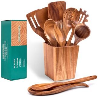 Wooden Spoons for Cooking, Durable Wooden Kitchen Utensils Set for Cooking – 11-Piece Acacia Wood Spoons and Spatulas with Holder and Spoon Rest, Nonstick Cookware Safe by Howhong