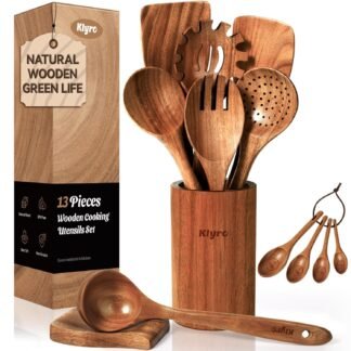 Wooden Spoons for Cooking, Nonstick Kitchen Utensils Set with 4 Piece Measuring Spoons, Comfort Grip Wooden Spatula Set, 9 Piece Teak Wooden Cooking Utensils with Holder and...
