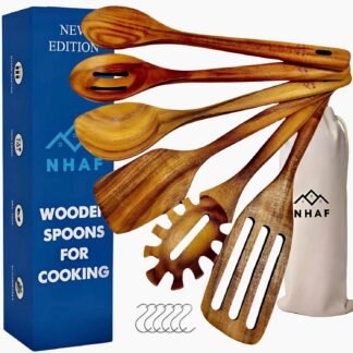 Wooden Utensils for Cooking, Premium Teak Healthy Spoons, Wooden Spoons for Cooking, Durable Eco-Friendly and Safe Teak Cooking Spoon, Cooking Gifts for Mom (set of 6) and Hooks