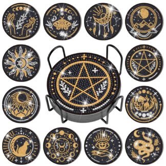 Xuhal 12 Pcs Tarot Diamond Painting Coasters Kits DIY Tarot Diamond Art Coasters with Holder DIY Drinks for Adults Craft Supplies Art Gift, 12 Styles