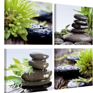 Zen Bathroom Decor Meditation Canvas Wall Art, Water Stone and Green Plants Pictures for Yoga Spa and Office Calming, Relaxing Wall Art for Office Bedroom Living Room (12x12in,...