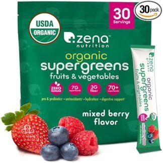 Zena Nutrition Organic Super Greens Powder, 70+ Superfoods, 0 Sugar, 3G Fiber, Spirulina, Chlorella, Antioxidants, Prebiotics/Probiotics, Digestive Enzymes, Mixed Berry, 30...