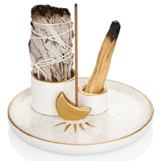 ZenBless Multifunction Incense and Candle Holder for Burning Sage, Palo Santo, Incense Sticks - 5.9" Ceramic Ash Catcher Tray for Meditation Room Home Decor (Gold)
