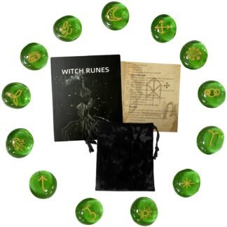 13 Pcs Runes, Green Runes Stone Set with Guide Book, Velvet Drawstring Bag, Glass Runa for Beginners, Divination, Pagan, Witchcraft
