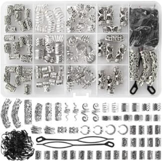 152PCS Vikings Hair Jewelry Norse Runes Tube Beads, Metal Clips Cuffs Rings, Accessories for Braids Dreadlocks Beads for Braiding Beard Decoration Bracelets Pendant Necklace DIY
