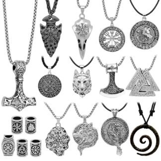18pcs Norse Viking Amulet Necklaces Viking Hair Accessories for Men Women Hammer Compass Axe Wolf Pendant Talisman Necklace Nordic Runes Beard Hair Beads Vintage Jewelry...