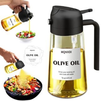 2 in 1 Glass Oil Sprayer & Dispenser,16oz/470ml Olive Cooking, Air Fryer, and Salad, for Kitchen Gadgets and Air Fryer Accessories, w/Stickers (Black)