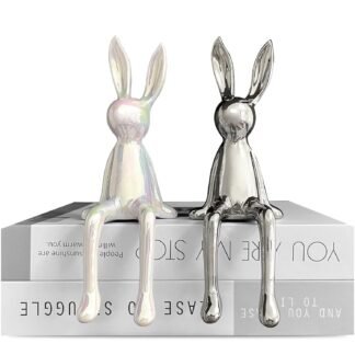 2-Piece Rabbit Decor Sculptures - Home, Office, Living Room, Bedroom - Accents, Decorations, Figurines - Small Statues for Bookshelf, Desk - Ideal Gifts (Silver, White)