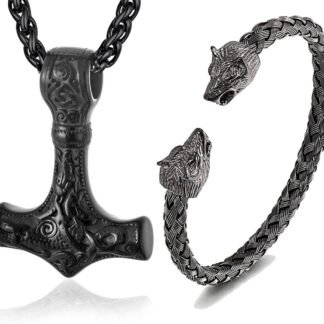 2Pcs Norse Viking Pendant Necklace Bracelet Set for Men/Women, Classic Necklace Stainless Steel Black Viking Necklace for Men Rune Amulet Jewelry Viking Gift for Men (Wolf...